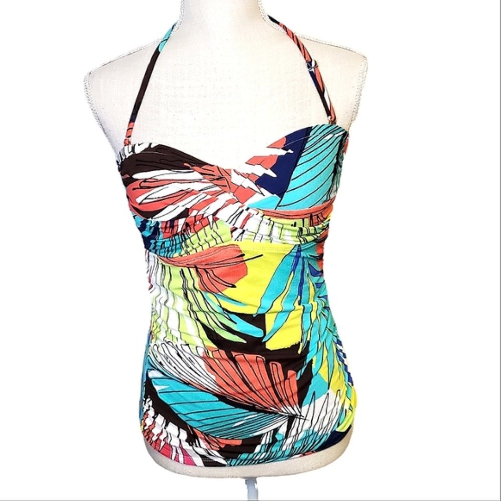 ANNE COLE | Women's multi-color tropical plant print tankini top. Size M